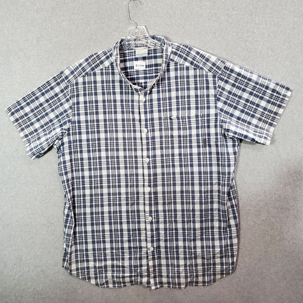 Columbia Men Button Up Shirt‎ XL Blue Plaid Short Sleeve Collar Pockets